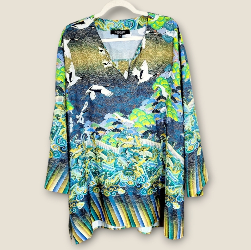 CITRON SANTA MONICA Japanese Art Print Kimono Sleeve Split Neck Tunic Top 3X